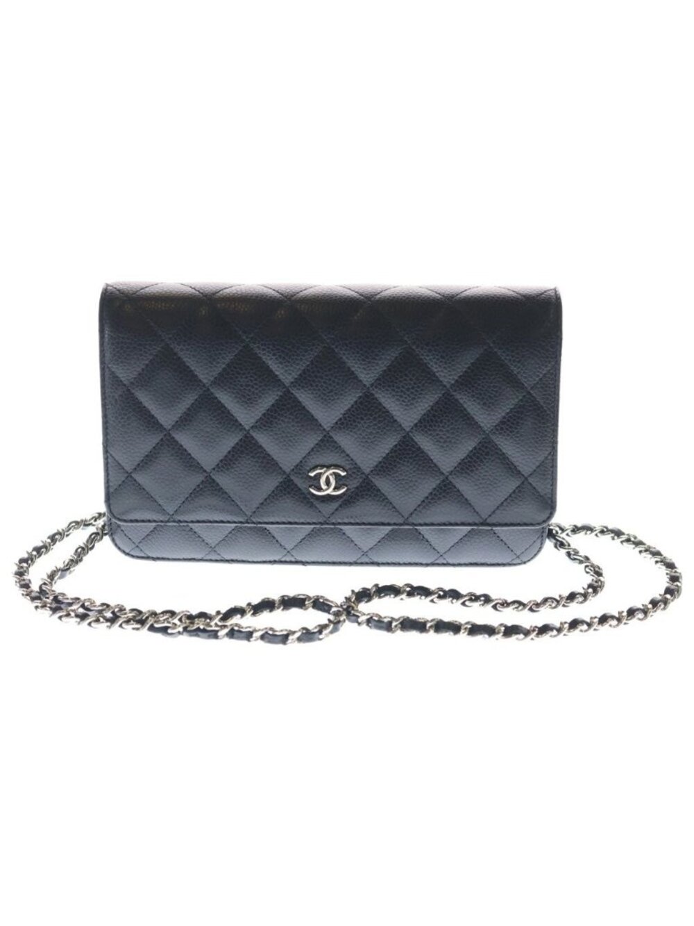 Chanel Classic Chain Wallet Shoulder Bag Black Caviar Leather Silver